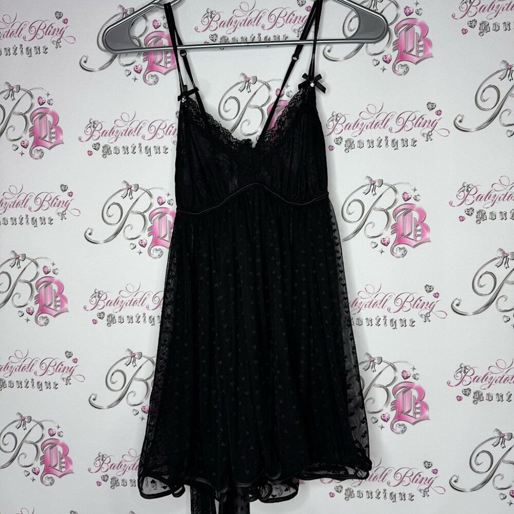 La vie en rose babydoll dress hearts black ribbon tie up bows diamond crystals